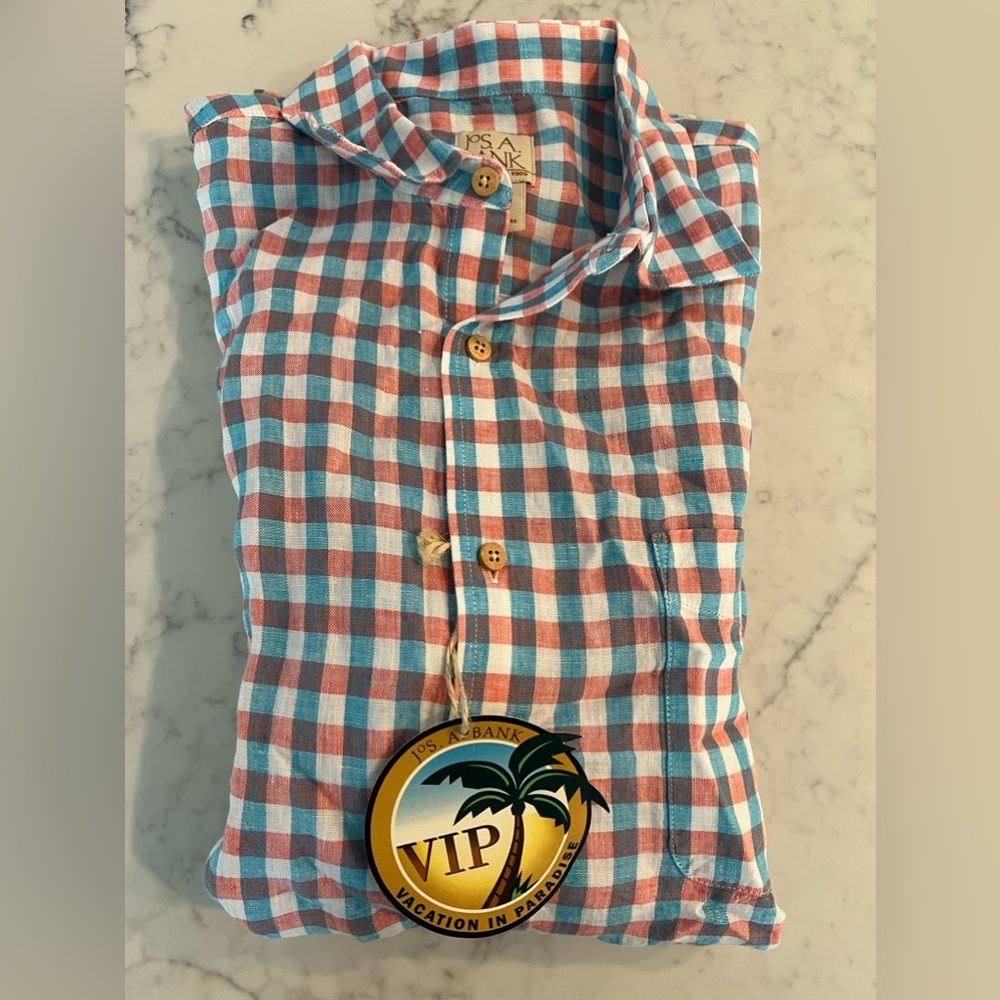 New Jos A Bank Mens 100% Linen Button Down Shirt M Red Blue NWT  $109